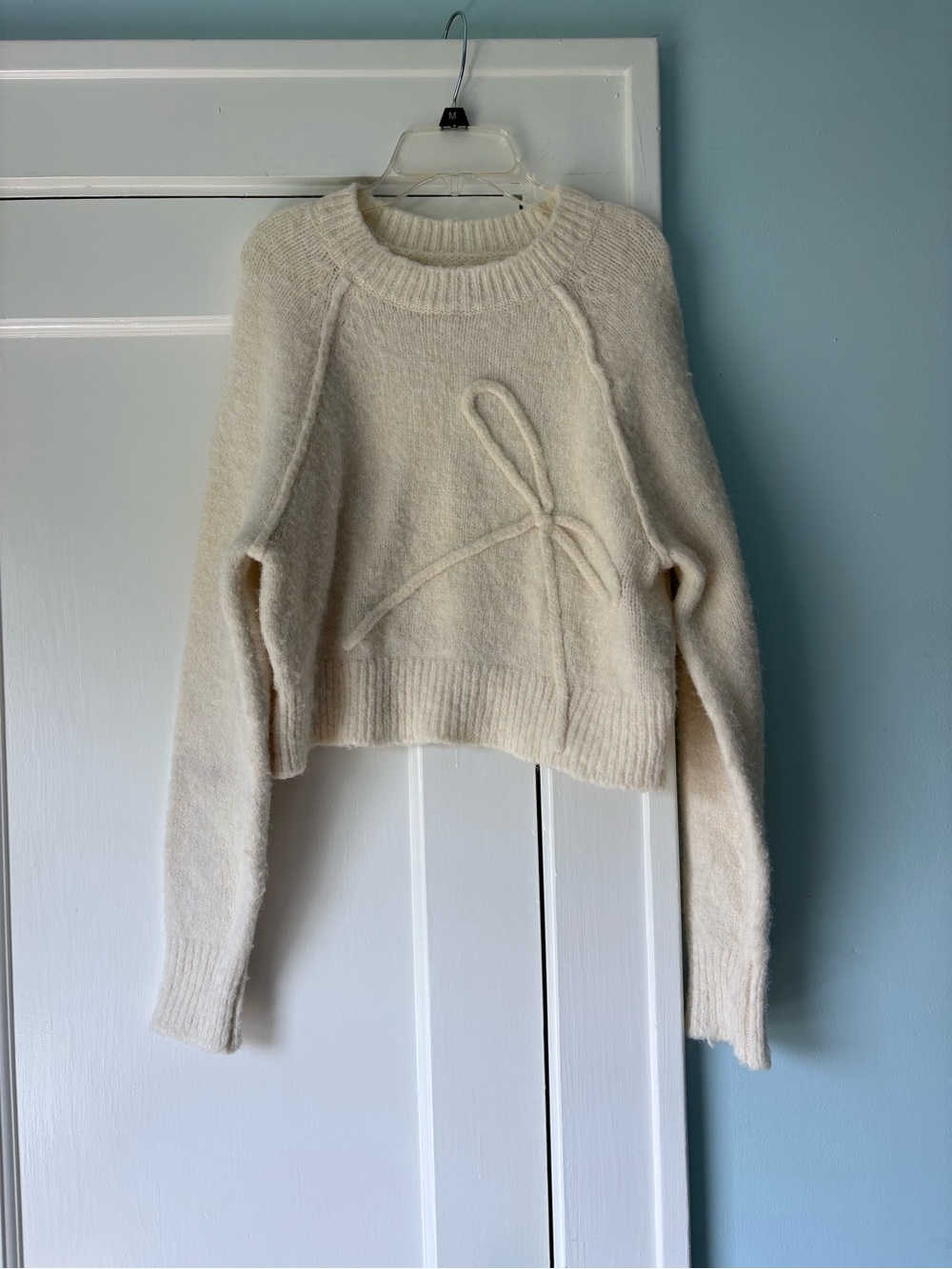 American Eagle Cream Holiday Bow Crew Neck Cropped Cozy Sweater Balletcore